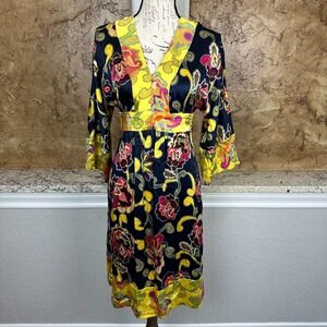 Trina Turk Silk Blend Kimono Dress‎ Womens 2 V-Neck Floral Bohemian Chic USA